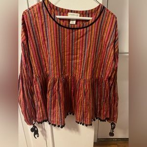 Anthropologie Amaryllis multicolor striped peasant top with black pom pom trim!